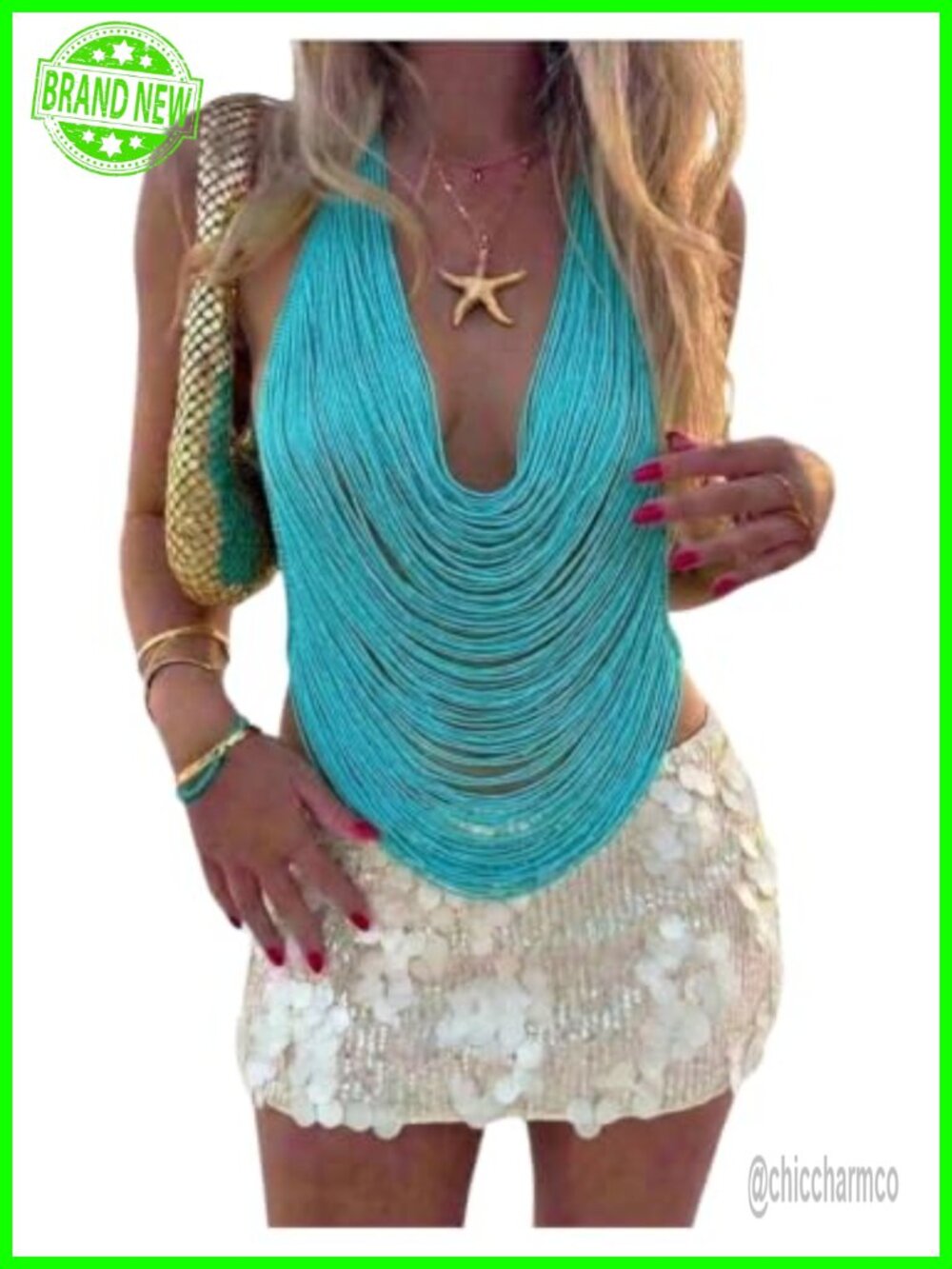 Women's Halter Crop Top Open Back Fringe Asymmetrical Draped Fringe Top
